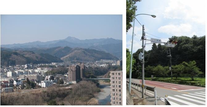 （写真）下奥多摩橋と貝の化石の話がある大岳山遠望・二ツ塚峠